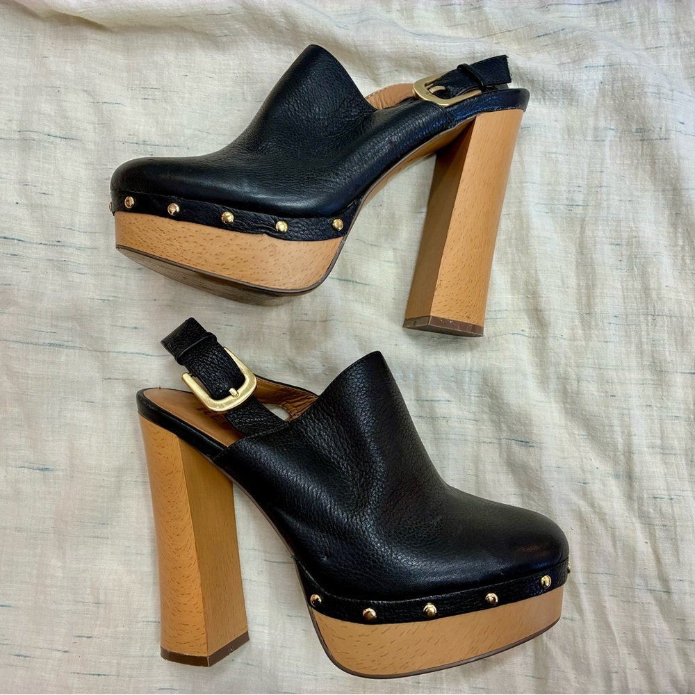 Report Women’s Black Leather Studded Moet Platform Slingback Clog Heels Size 7.5